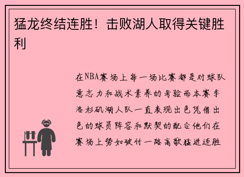 猛龙终结连胜！击败湖人取得关键胜利